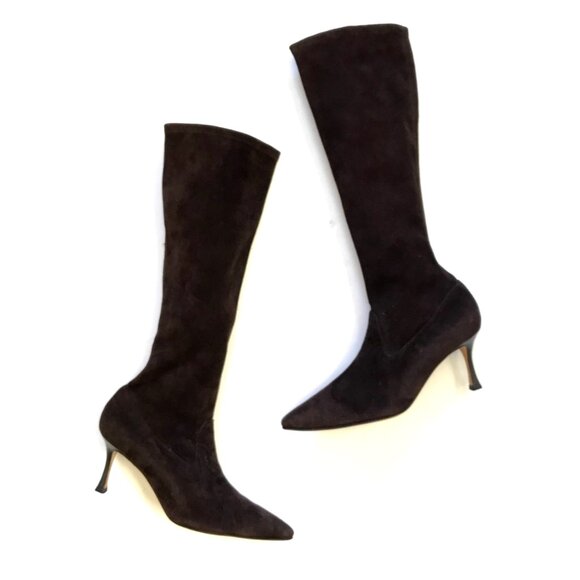 Manolo Blahnik Pamfilo Suede Boots Womens 38.5 Brown Stiletto Tall Heels Heeled - Picture 14 of 15